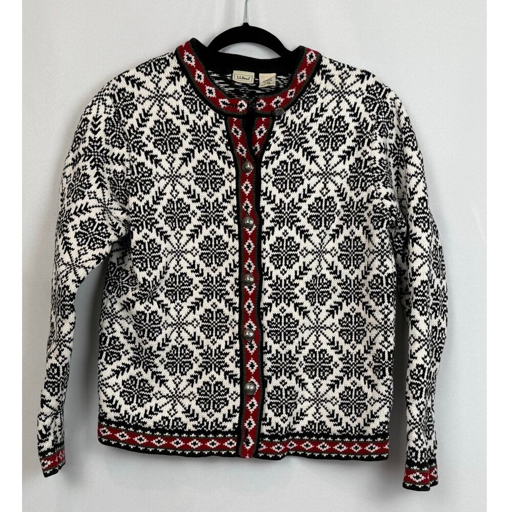 LL Bean Women's Large Snowflake Cardigan Black White Red Green Cotton Nordic